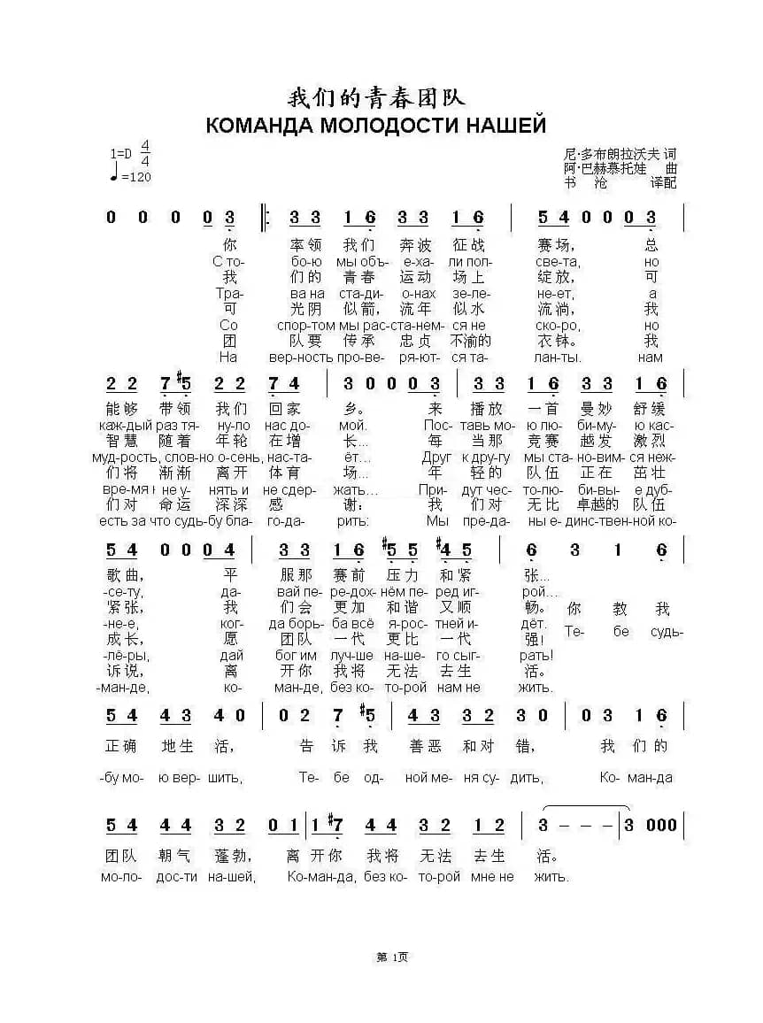 我们的青春团队КОМАНДА МОЛОДОСТИ НАШЕЙ（中俄简谱）