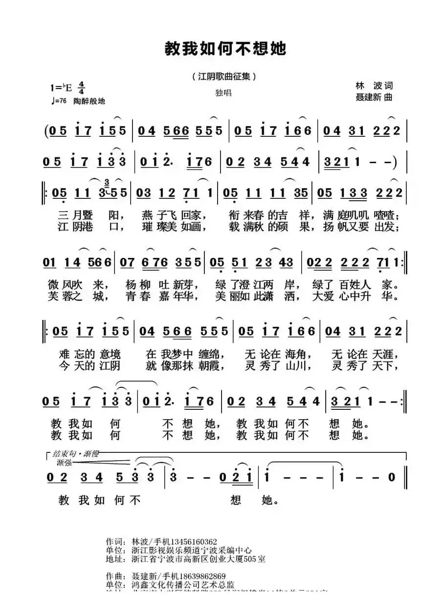 教我如何不想她（林波词 聂建新曲）