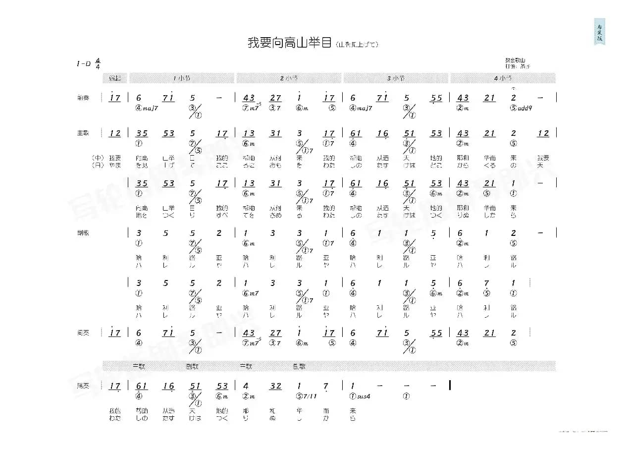 我要向高山举目（简和谱）