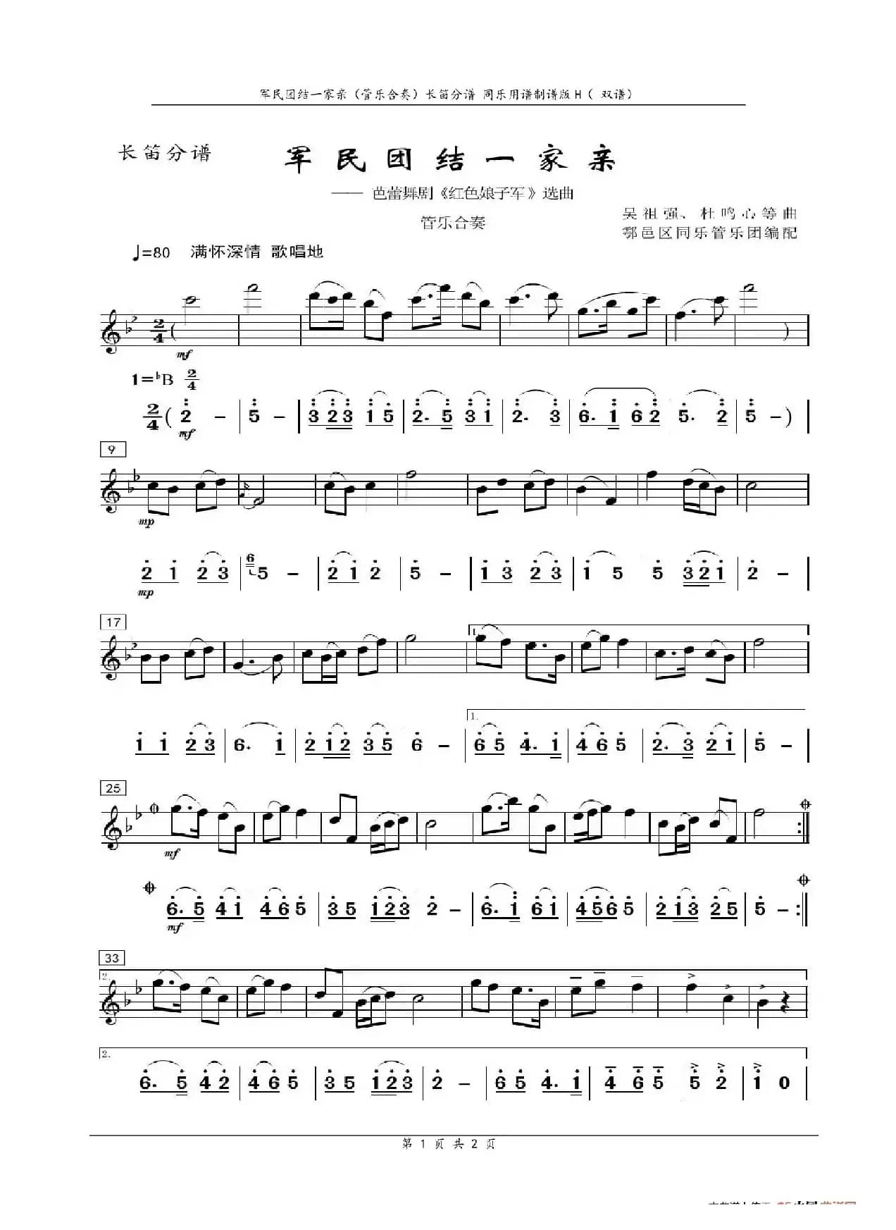 军民团结一家亲（管乐合奏）（长笛分谱）