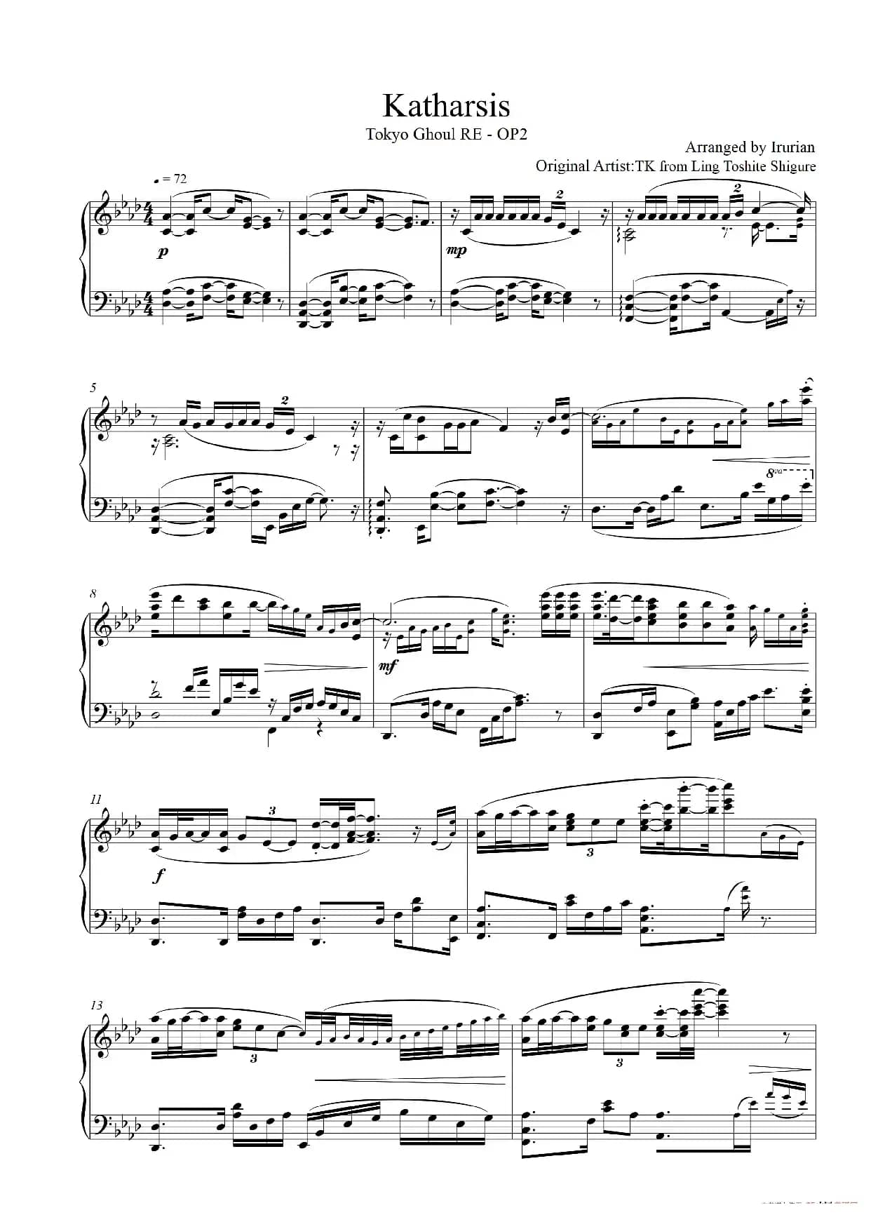 【Irurian钢琴版】Katharsis 钢琴谱（Tokyo Ghoul RE - OP2）