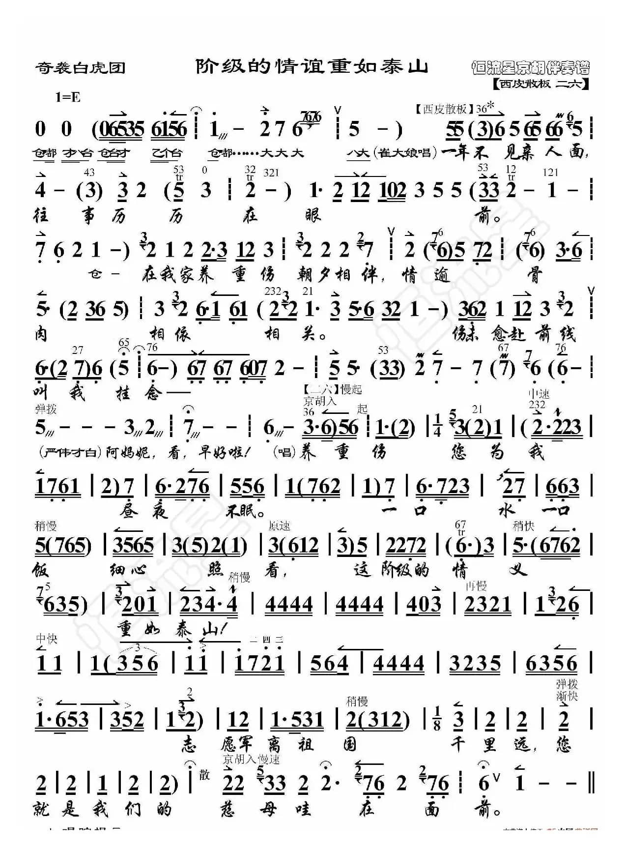 奇袭白虎团·阶级的情谊重如泰山（京胡伴奏谱）