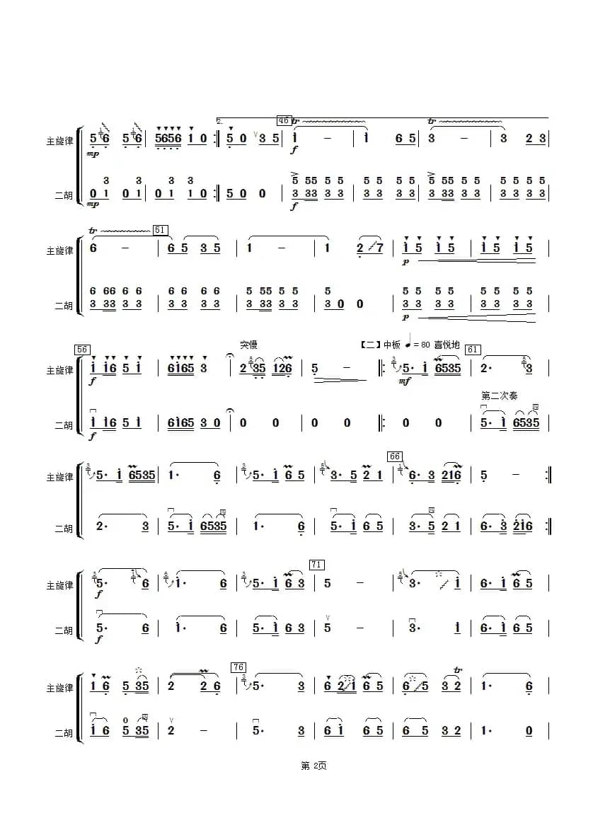 扬鞭催马运粮忙（二胡分谱）