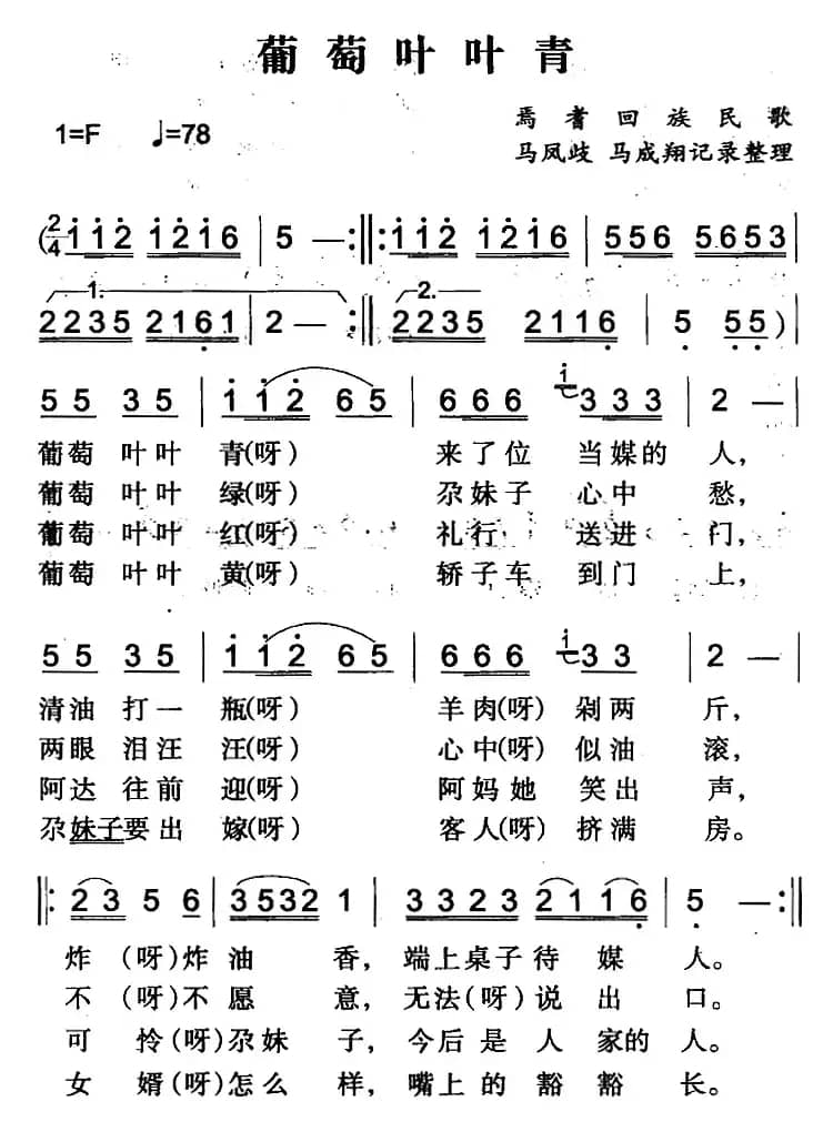 葡萄叶叶青（焉耆回族民歌）