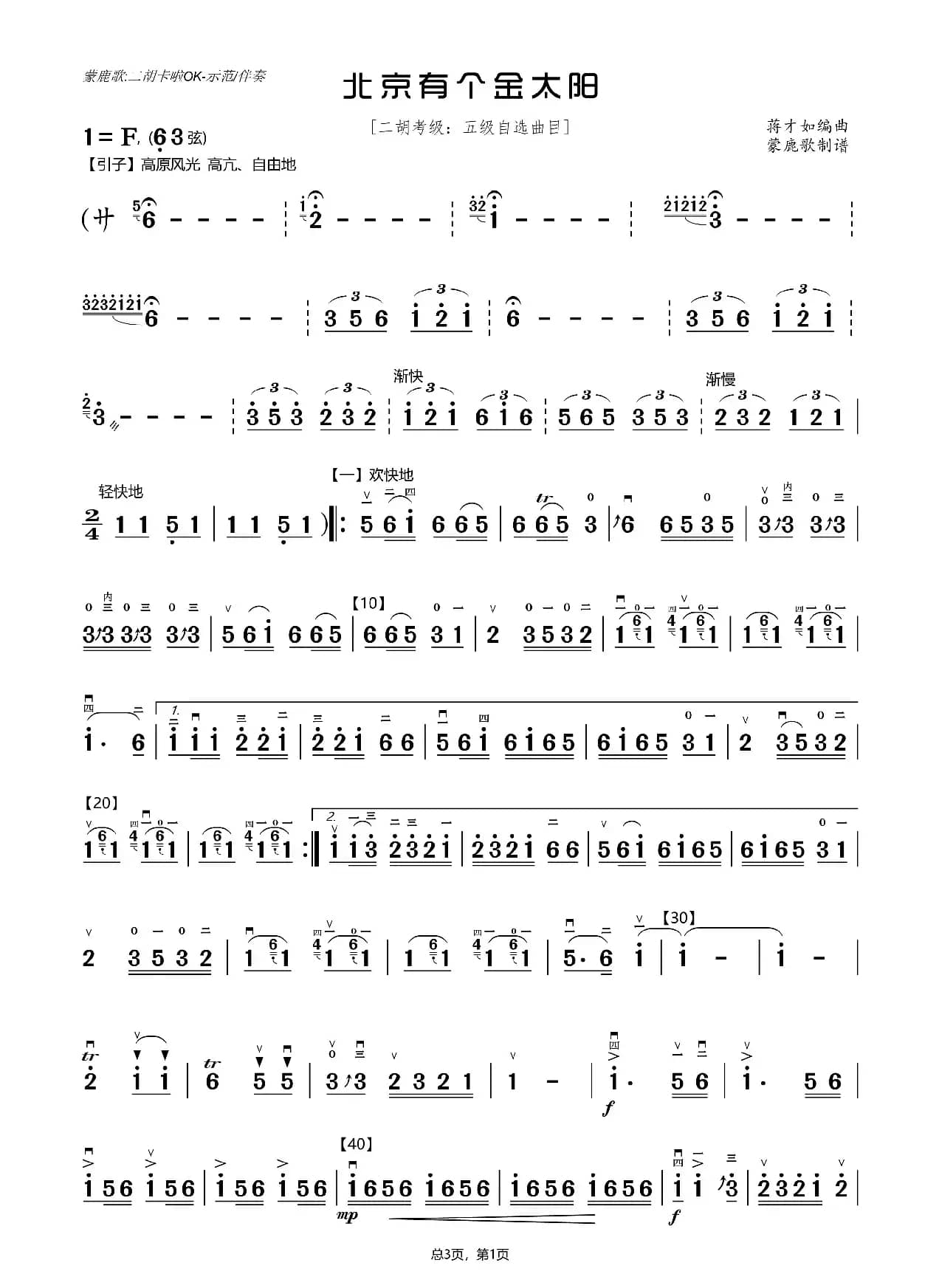 北京有个金太阳（二胡独奏曲）