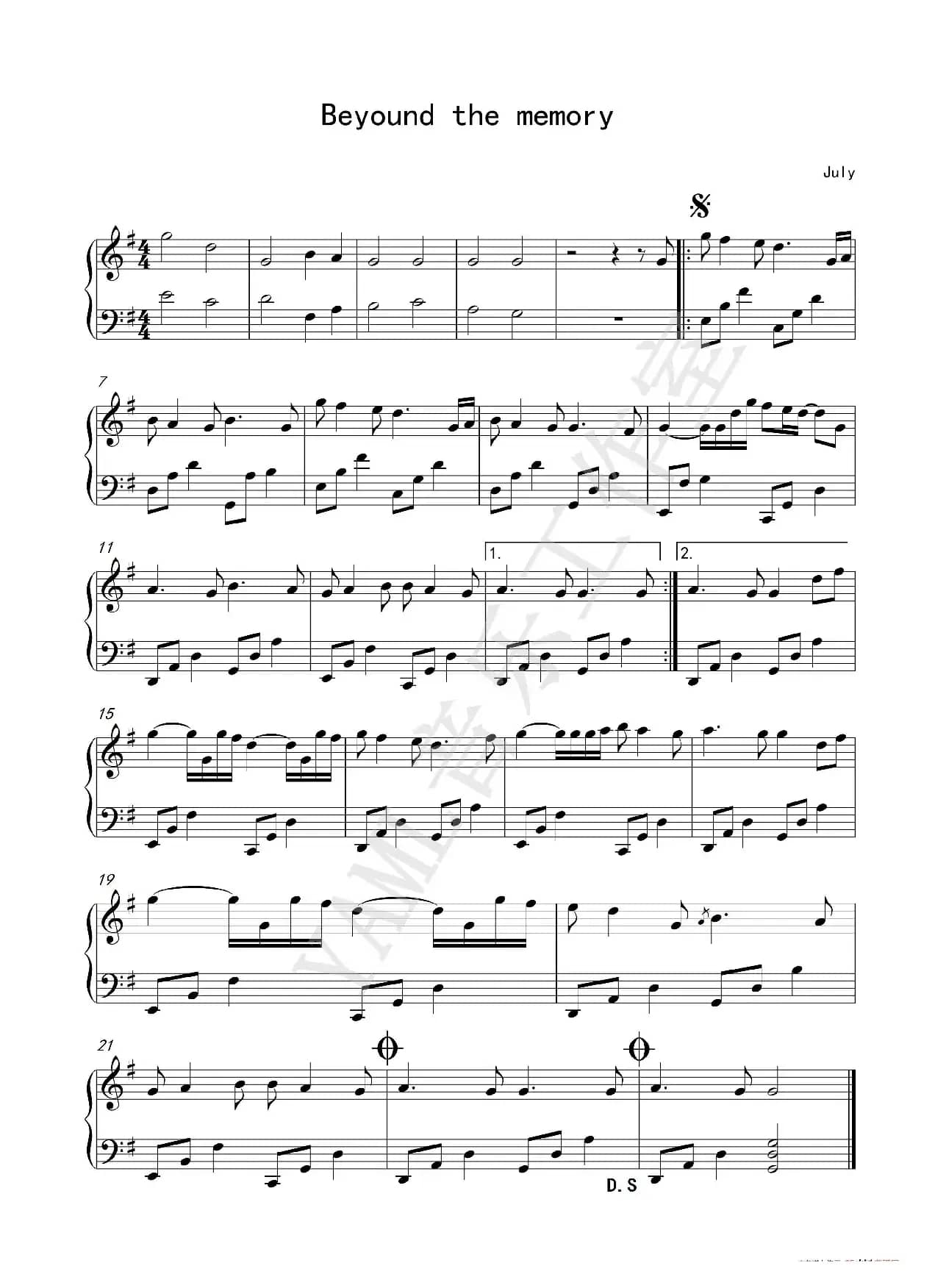 Beyond the Memory - July（钢琴谱）