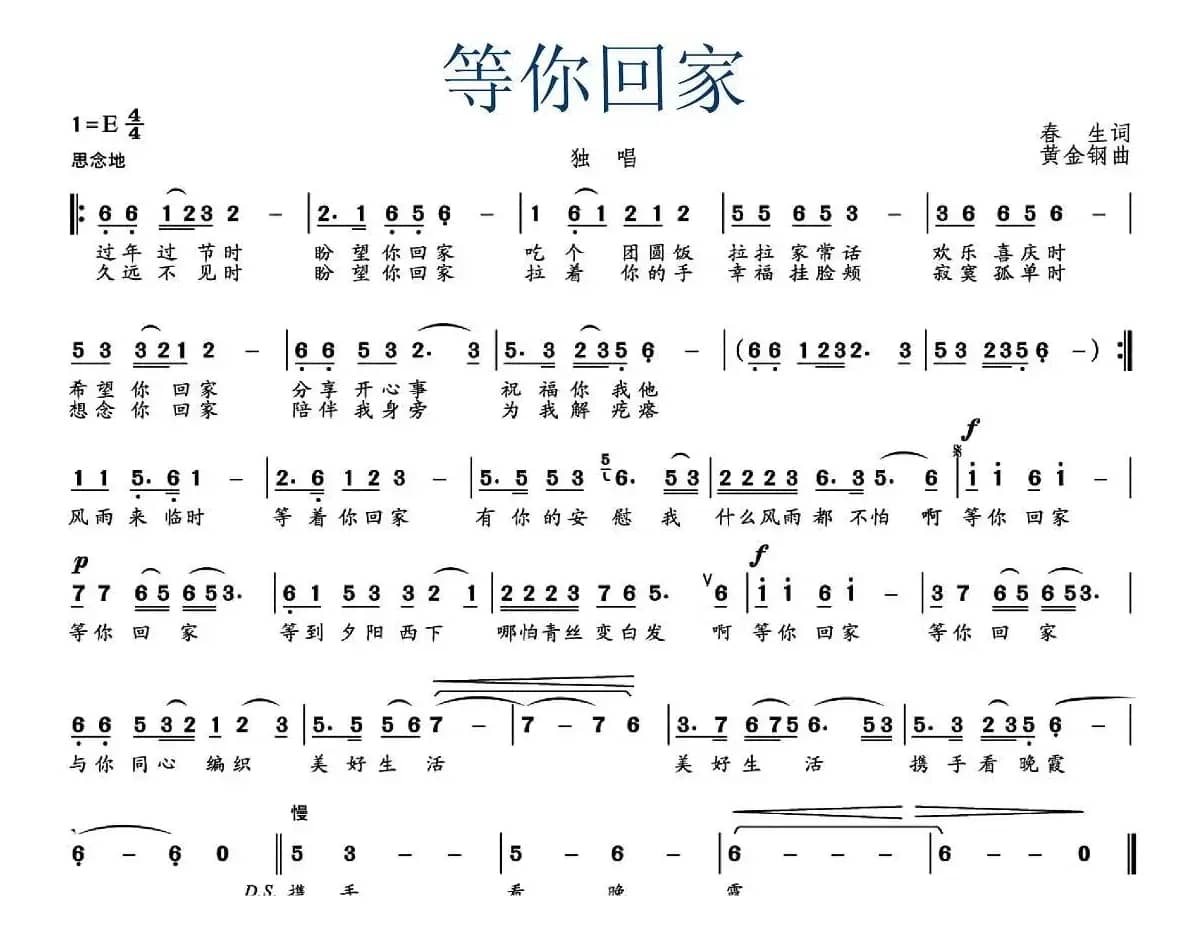等你回家（春生词 黄金钢曲）