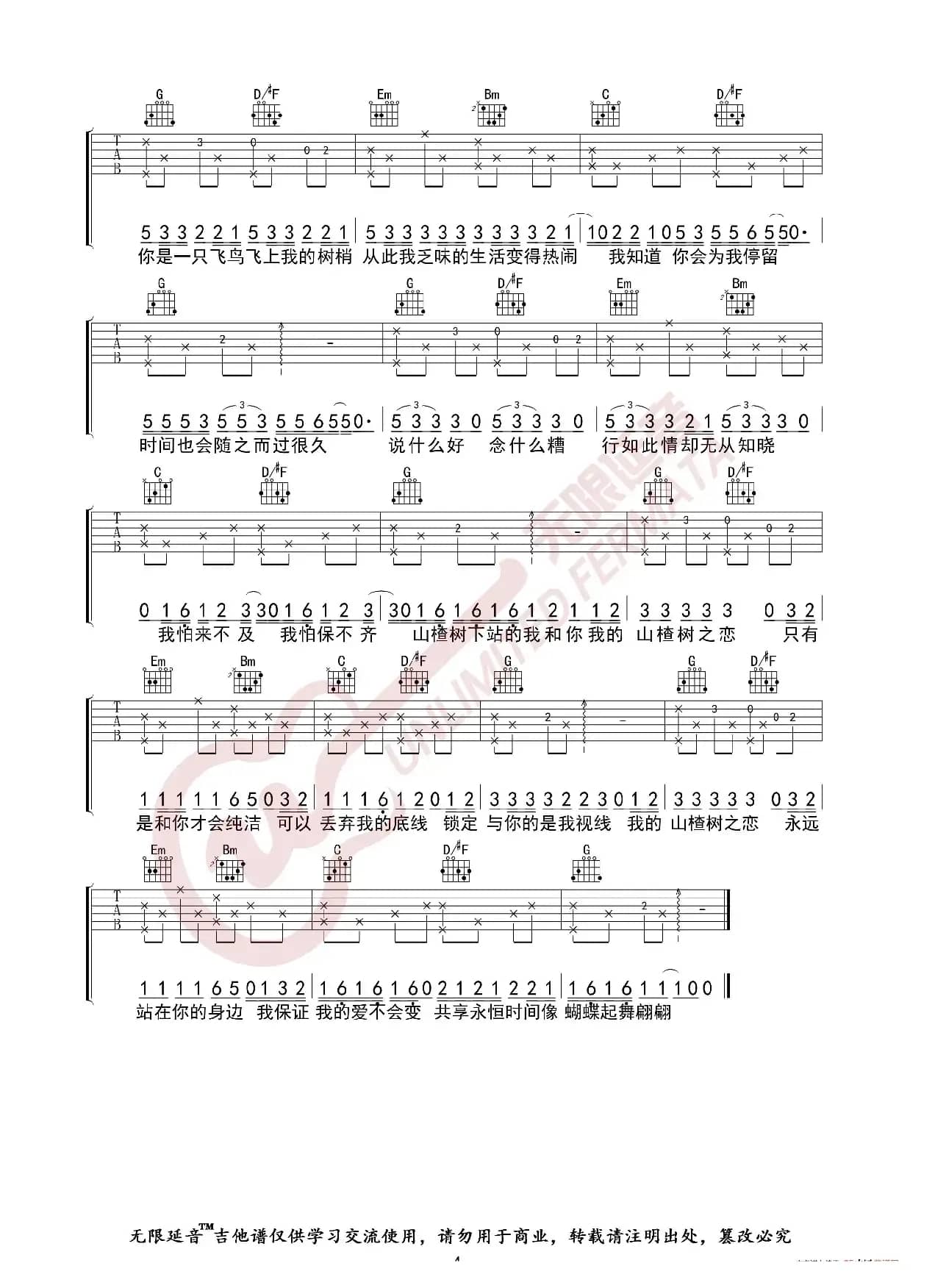 大能人 山楂树之恋 吉他谱（无限延音编配）