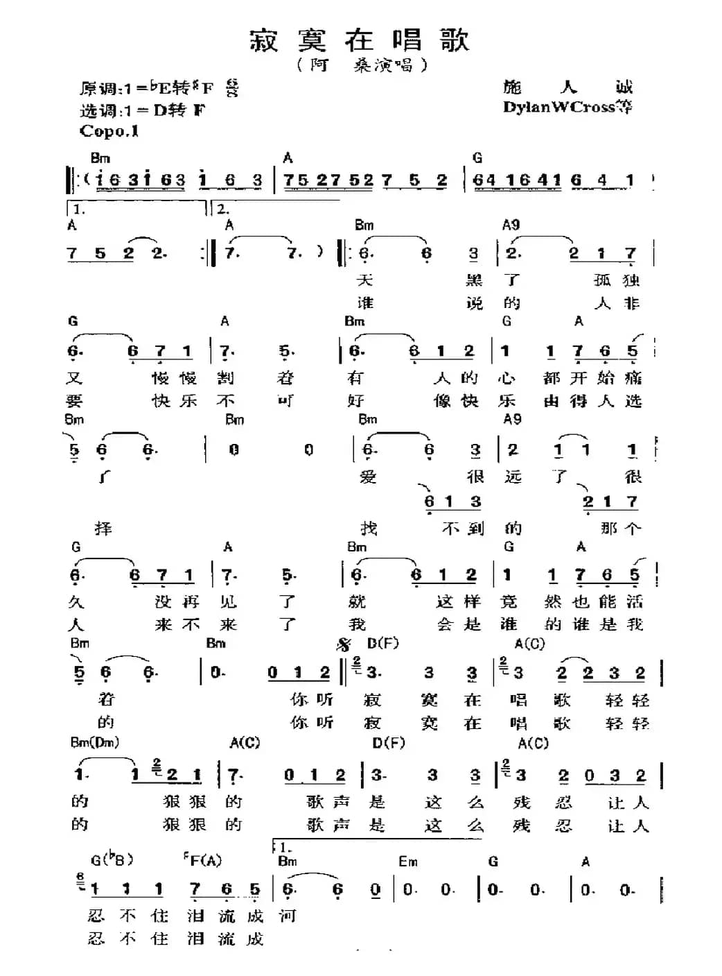 寂寞在唱歌（歌曲，双页谱）