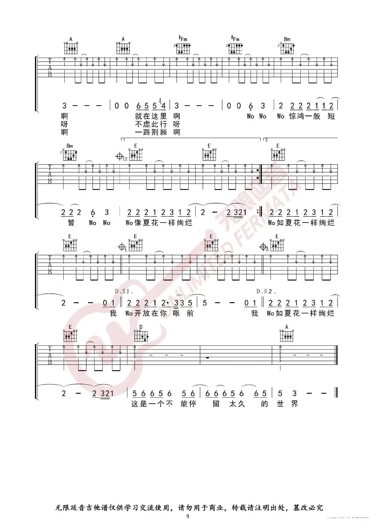 朴树 生如夏花 吉他谱（无限延音编配）