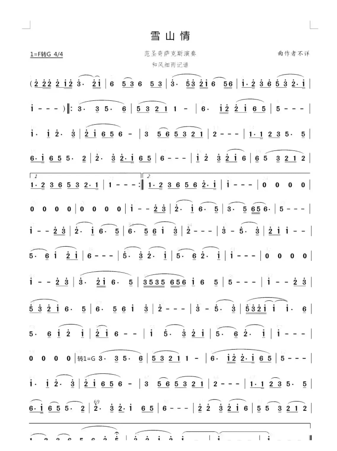 萨克斯简谱雪山情