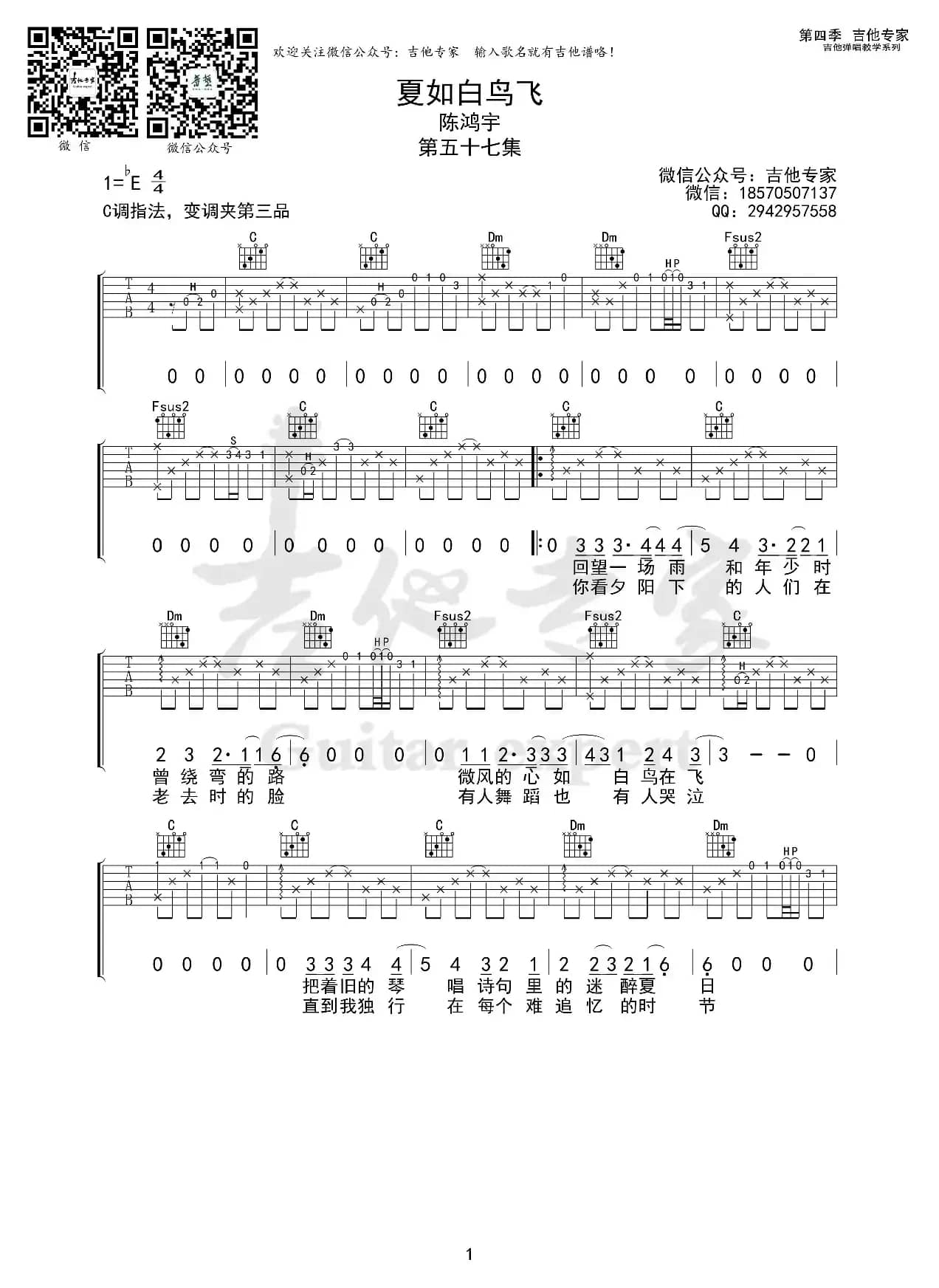 夏如白鸟飞（免费吉他谱）