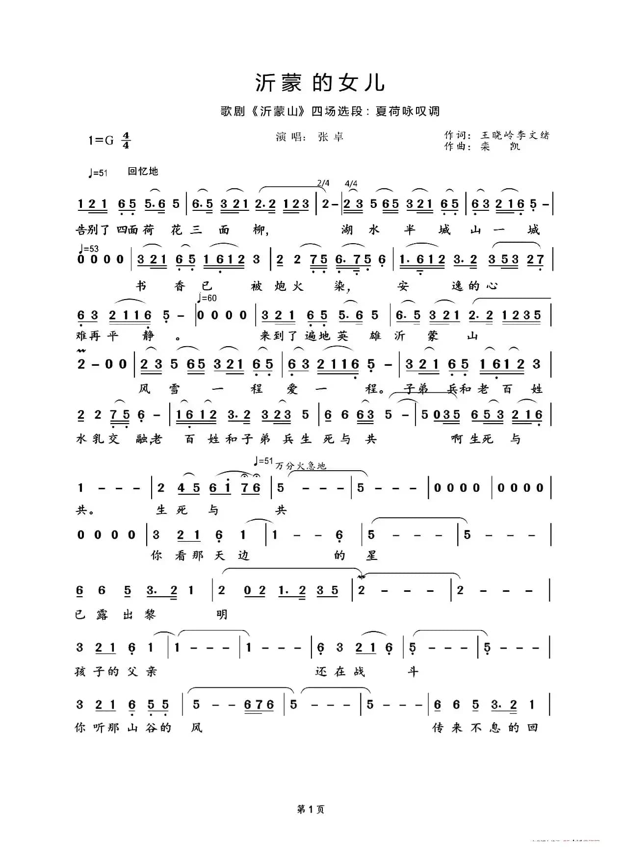 沂蒙的女儿简谱（歌剧《沂蒙山》夏荷唱段）