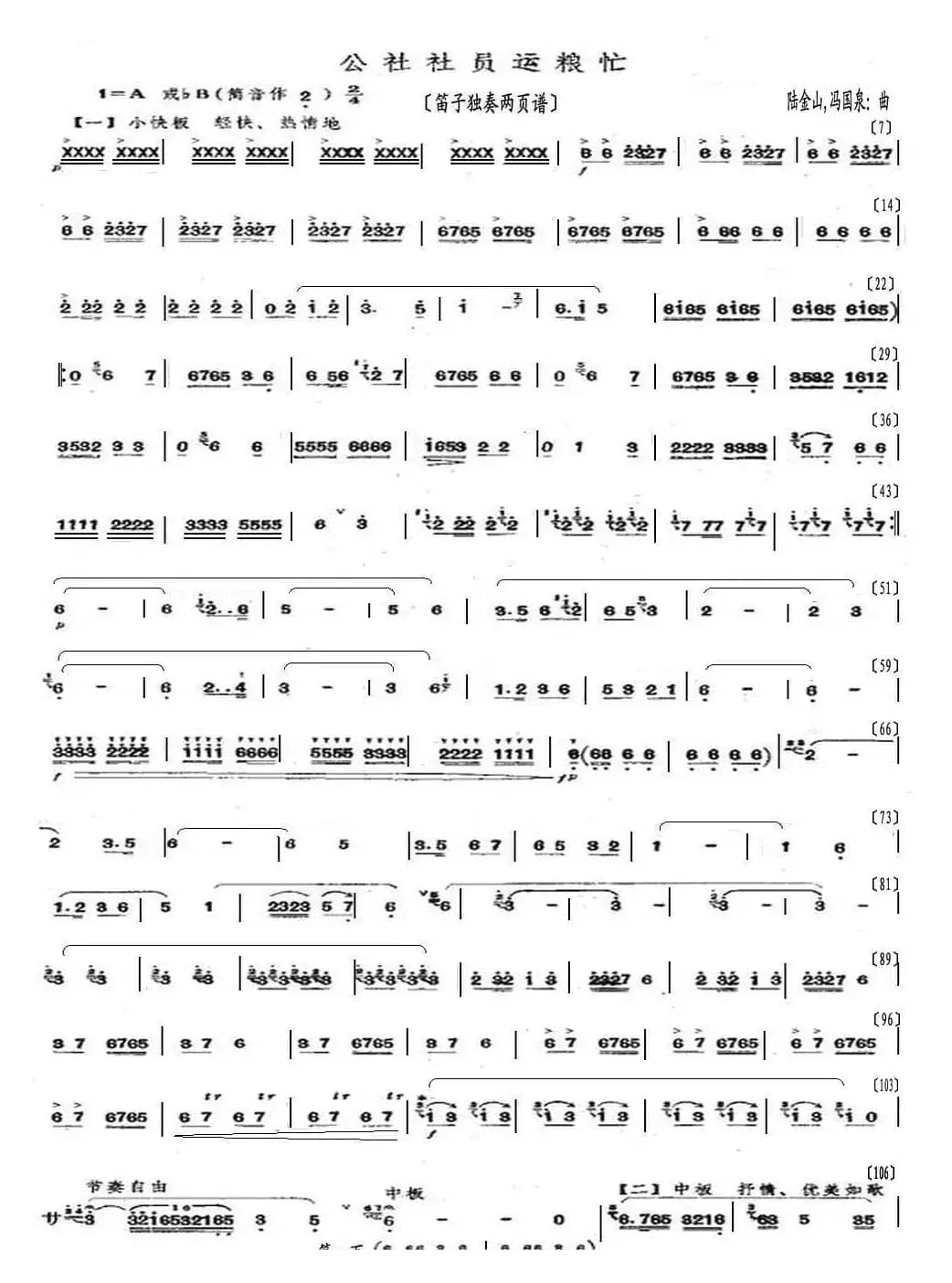 公社社员运粮忙（笛子独奏两页谱）