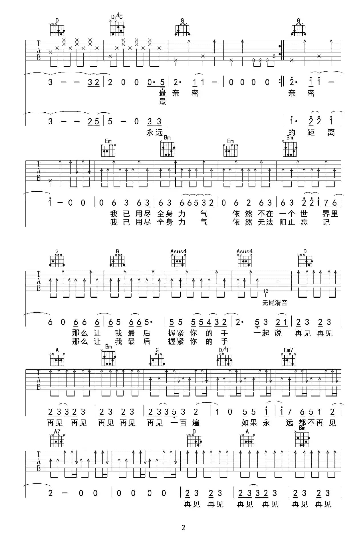 再见再见（吉他六线谱）