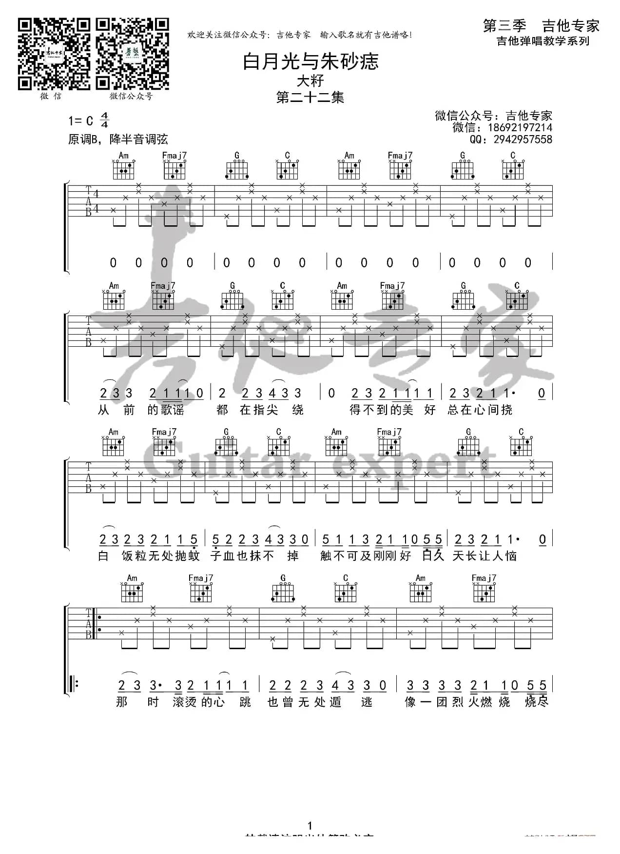 白月光与朱砂痣 简易版吉他谱