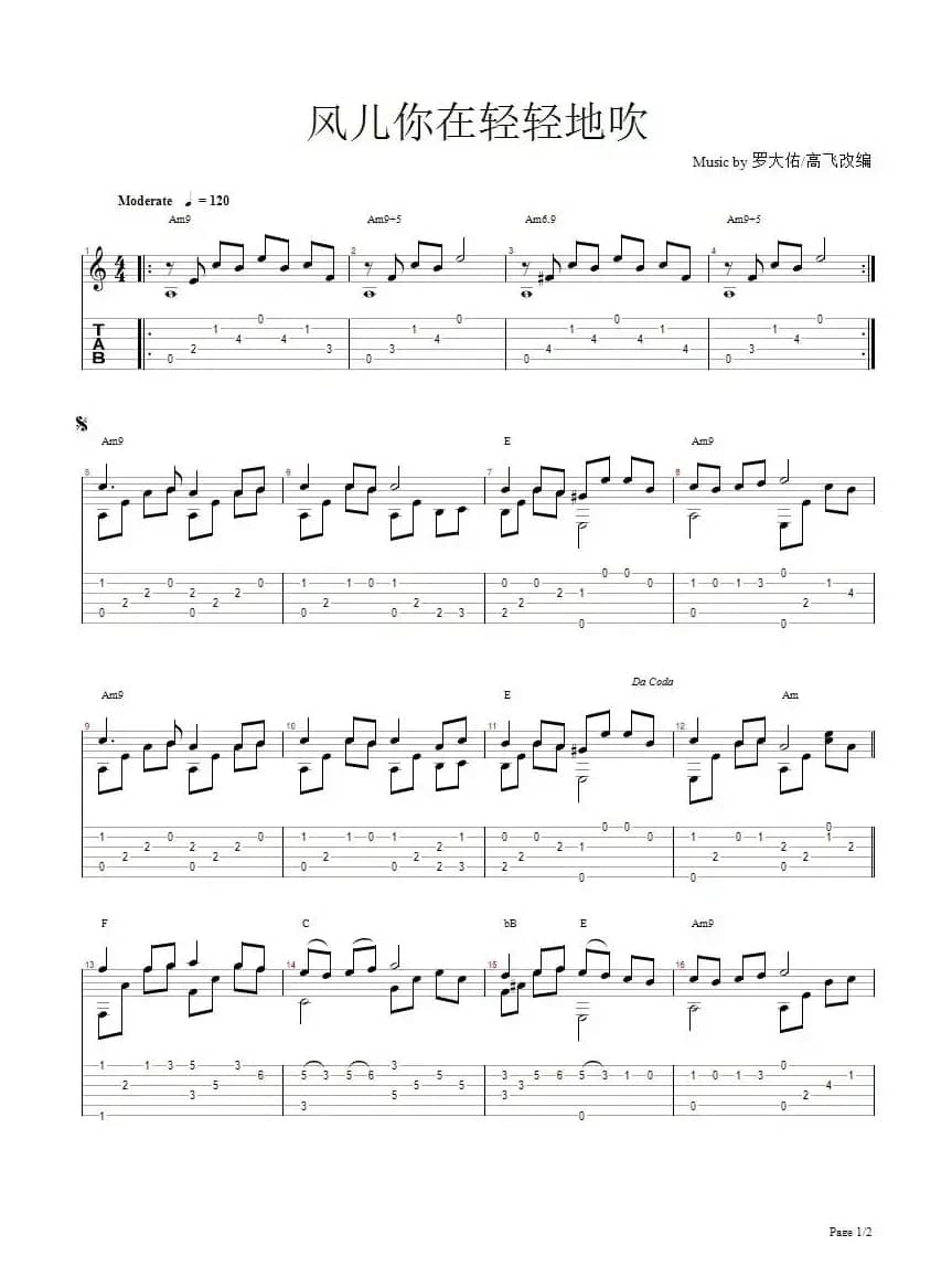 风儿你在轻轻地吹（指弹吉他 五线谱）