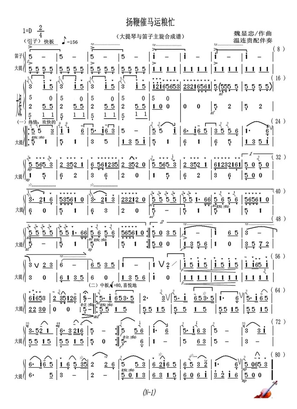 扬鞭催马运粮忙（大提琴与笛子主旋合成谱）