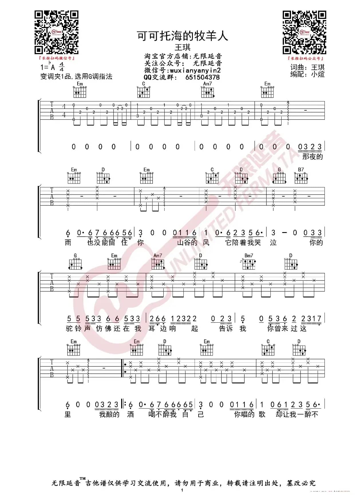 王琪 可可托海的牧羊人 吉他谱（无限延音编配）