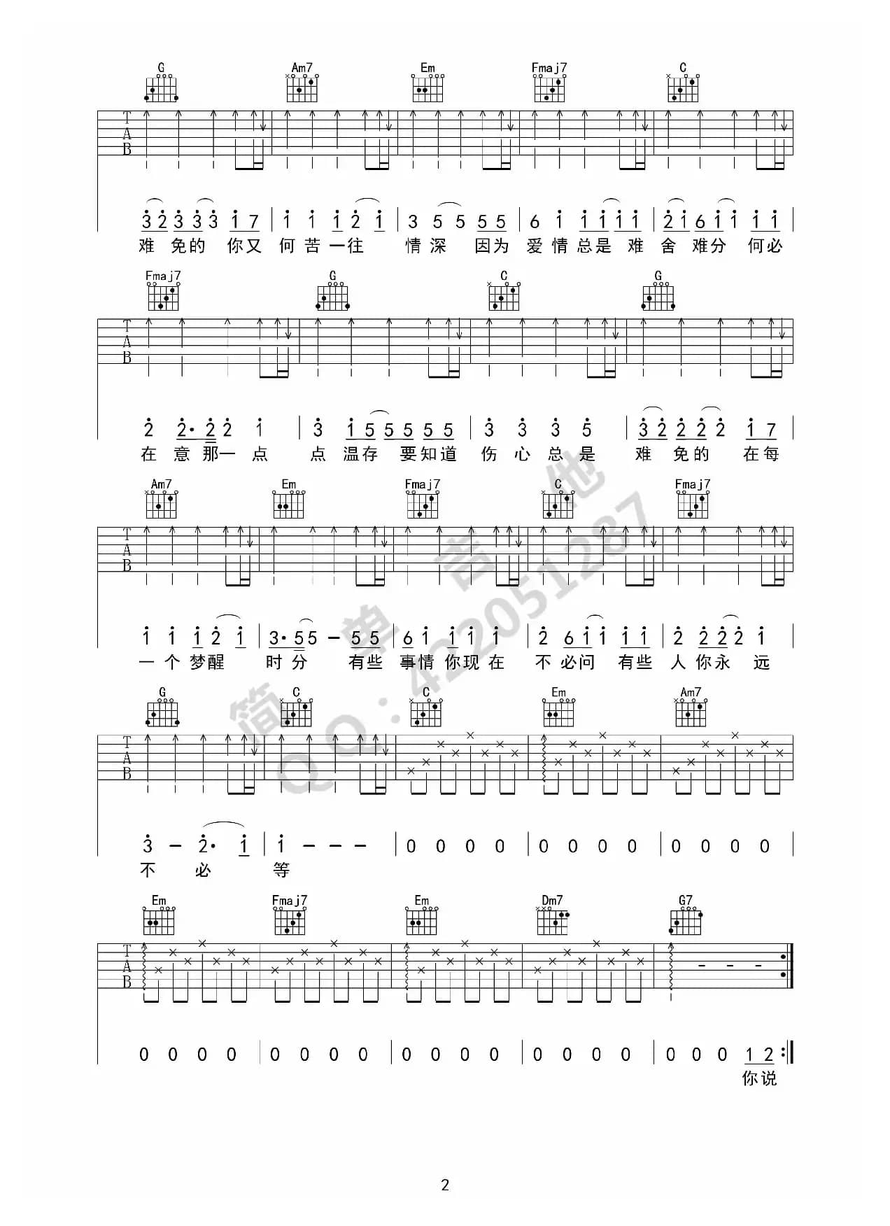 梦醒时分（吉他六线谱）