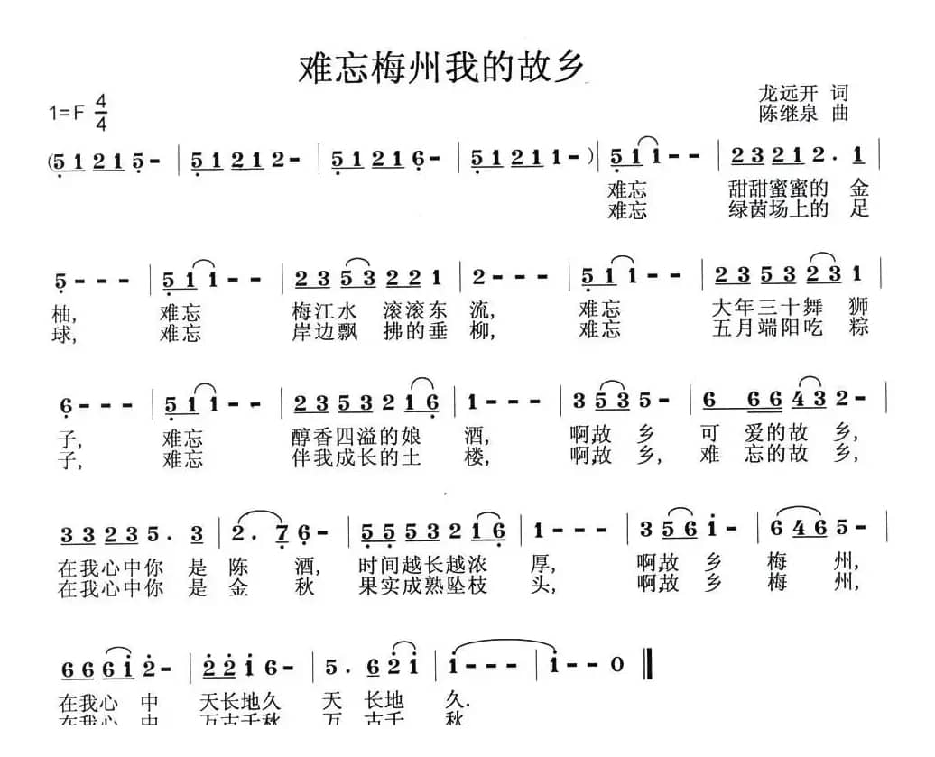难忘梅州我的故乡（龙远开词 陈继泉曲）