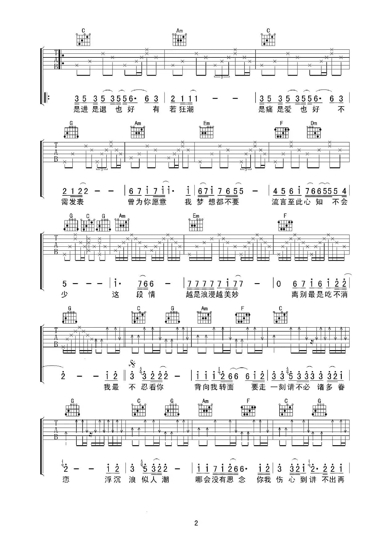 谭咏麟《讲不出再见》高清吉他谱（吉他六线谱）
