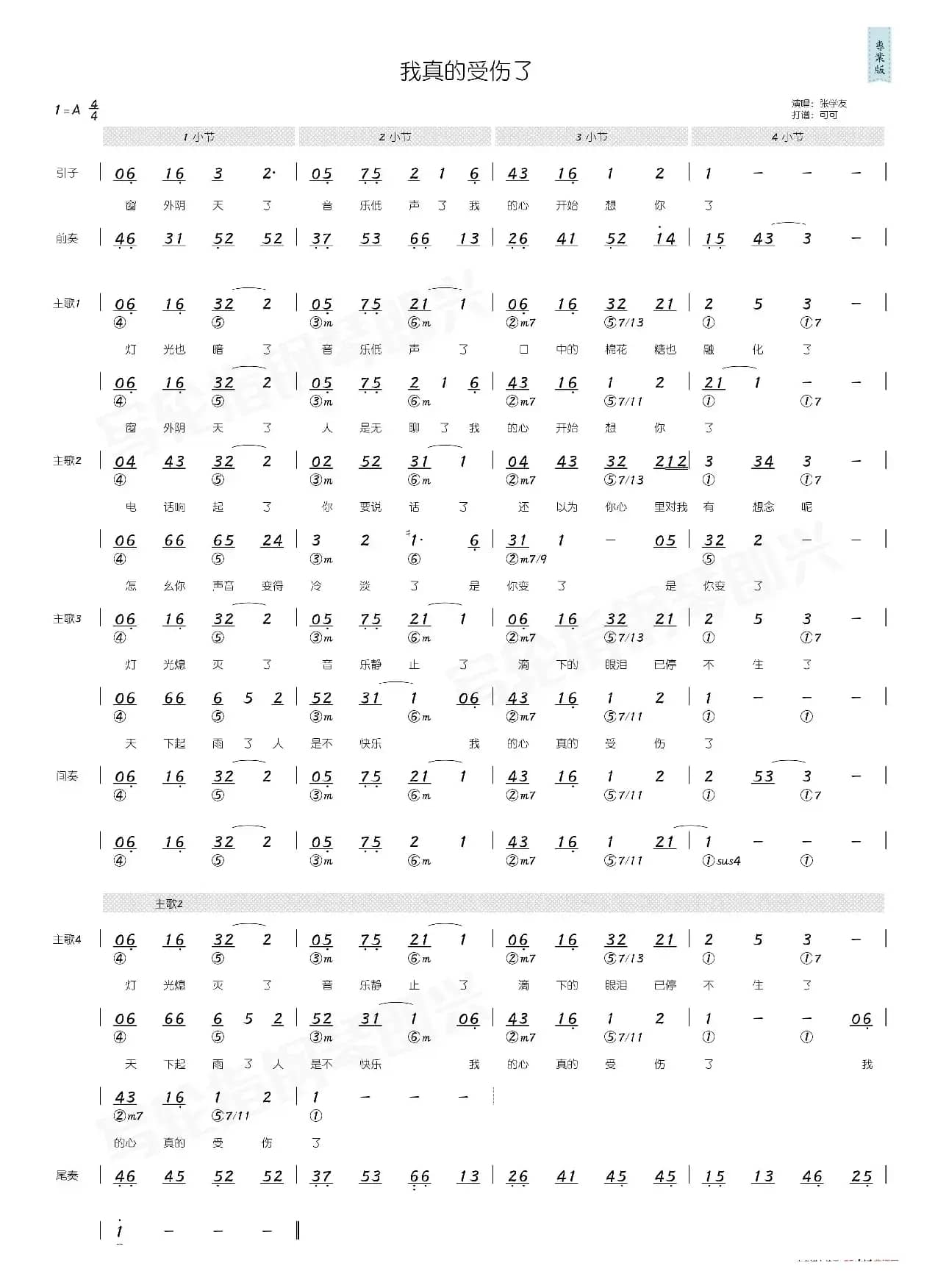 我真的受伤了（简和谱）