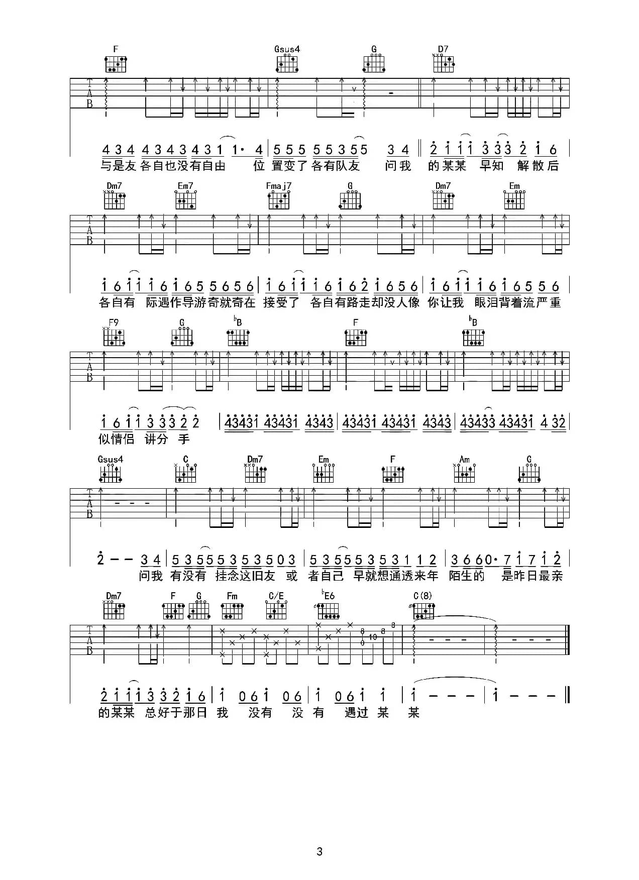 最佳损友（吉他六线谱）