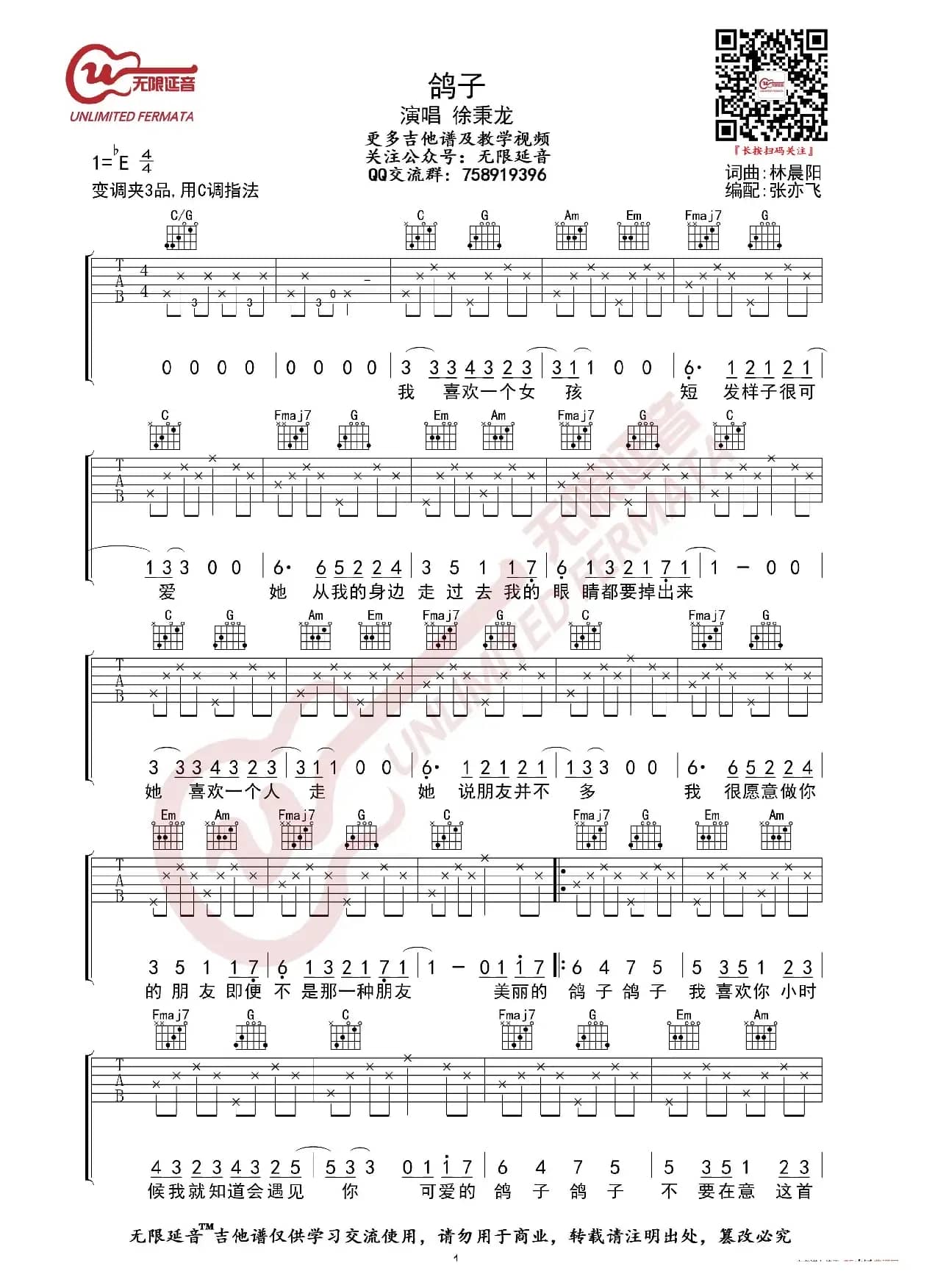 徐秉龙 鸽子 吉他谱（无限延音编配）