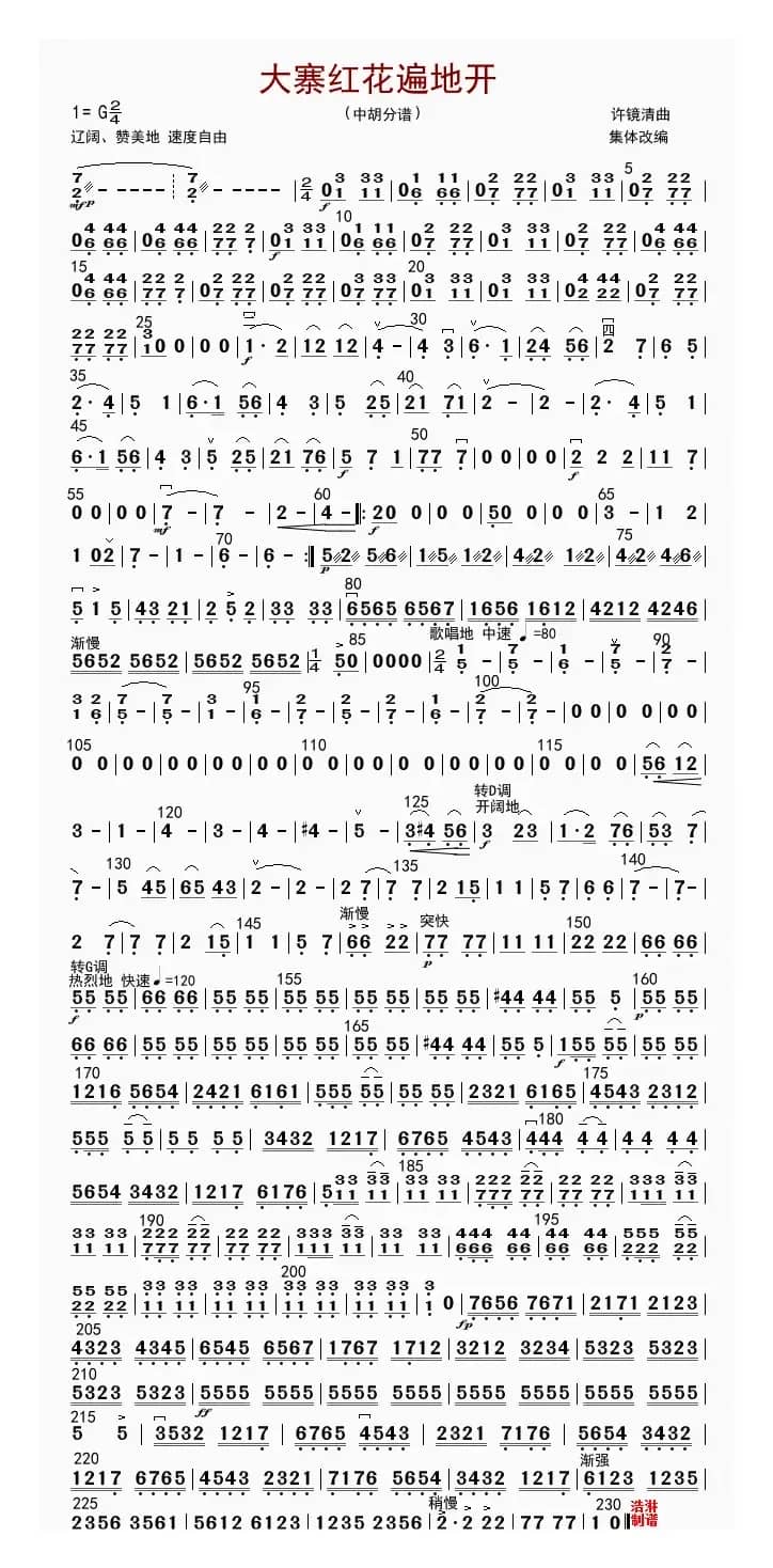 大寨红花遍地开（中胡分谱）
