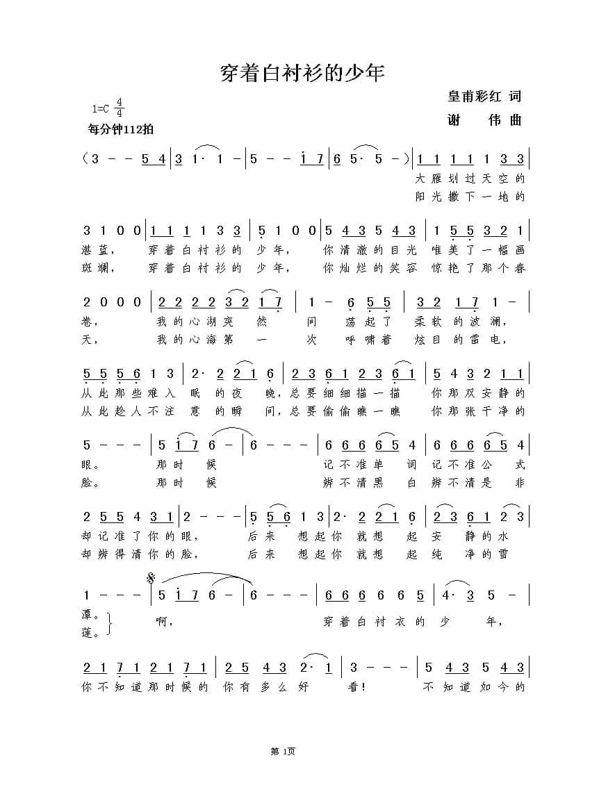 穿着白衬衫的少年（皇甫彩红词  谢伟曲）