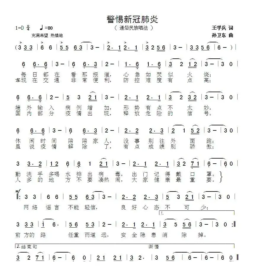 警惕新冠肺炎（王学兵词孙卫东曲）