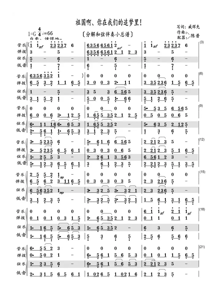 祖国啊、你在我们的追梦里！（分解和弦小总谱）