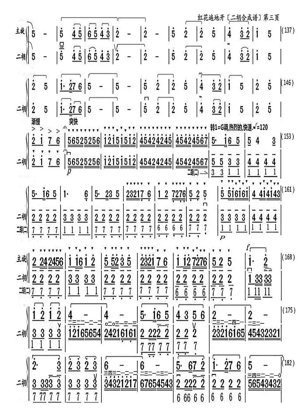 大寨红花遍地开（二胡与笛子主旋合成谱）