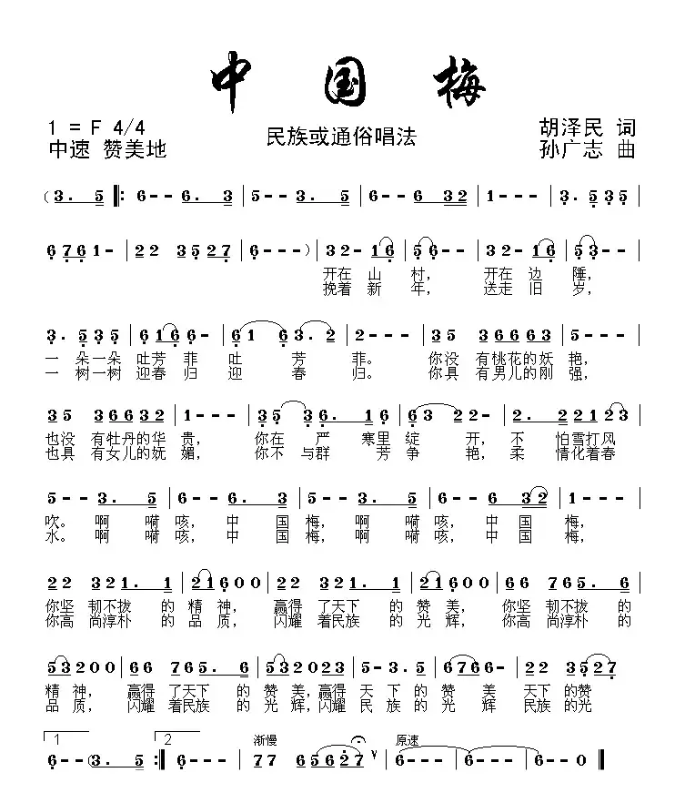 中国梅（胡泽民词 孙广志曲）