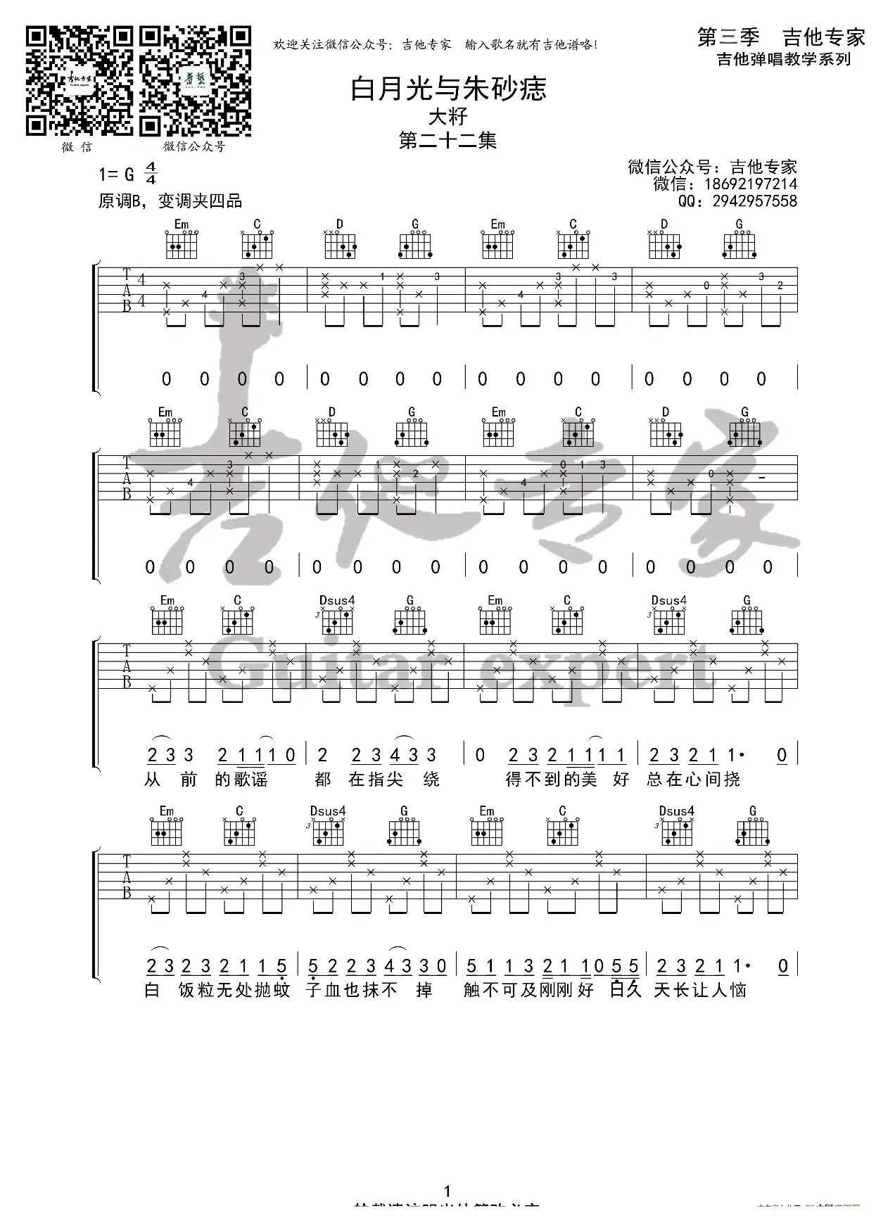 白月光与朱砂痣 原版吉他谱