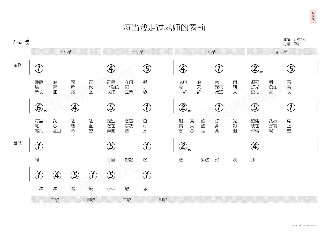 每当我走过老师窗前（简和谱）