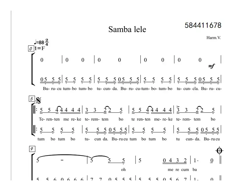 Samba lele 合唱谱简谱