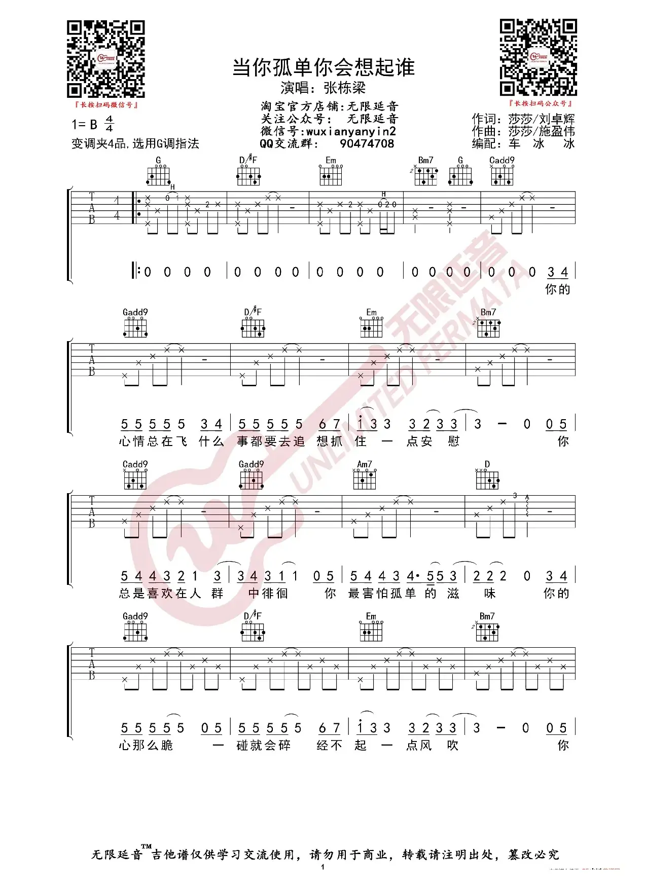 张栋梁 当你孤单你会想起谁 吉他谱（无限延音编配）