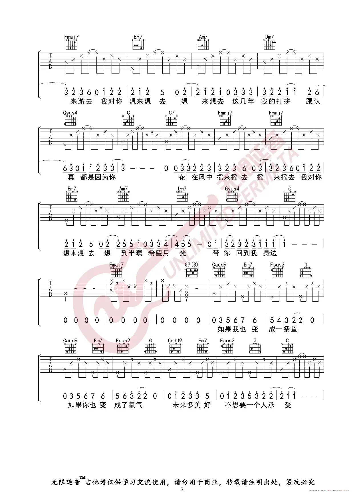 卢广仲 鱼仔 吉他谱（无限延音编配）