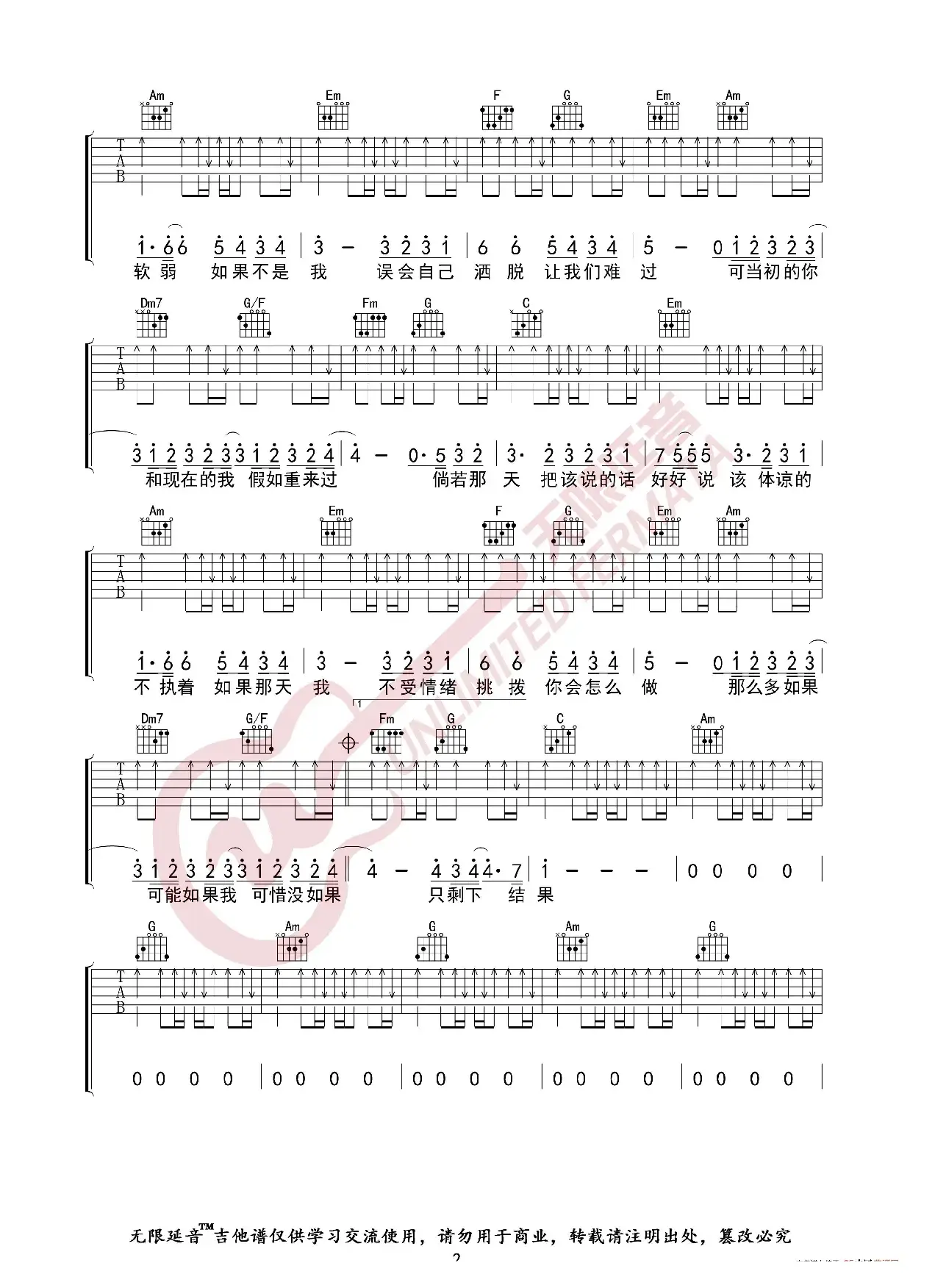 林俊杰 可惜没如果 吉他谱（无限延音编配）