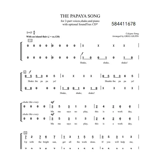 The Papaya Song 木瓜歌 二声部合唱简谱