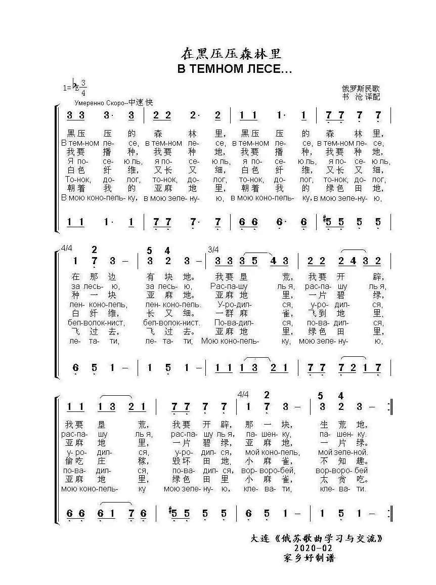 在黑压压森林里 В ТЕМНОМ ЛЕСЕ…（中俄简谱）