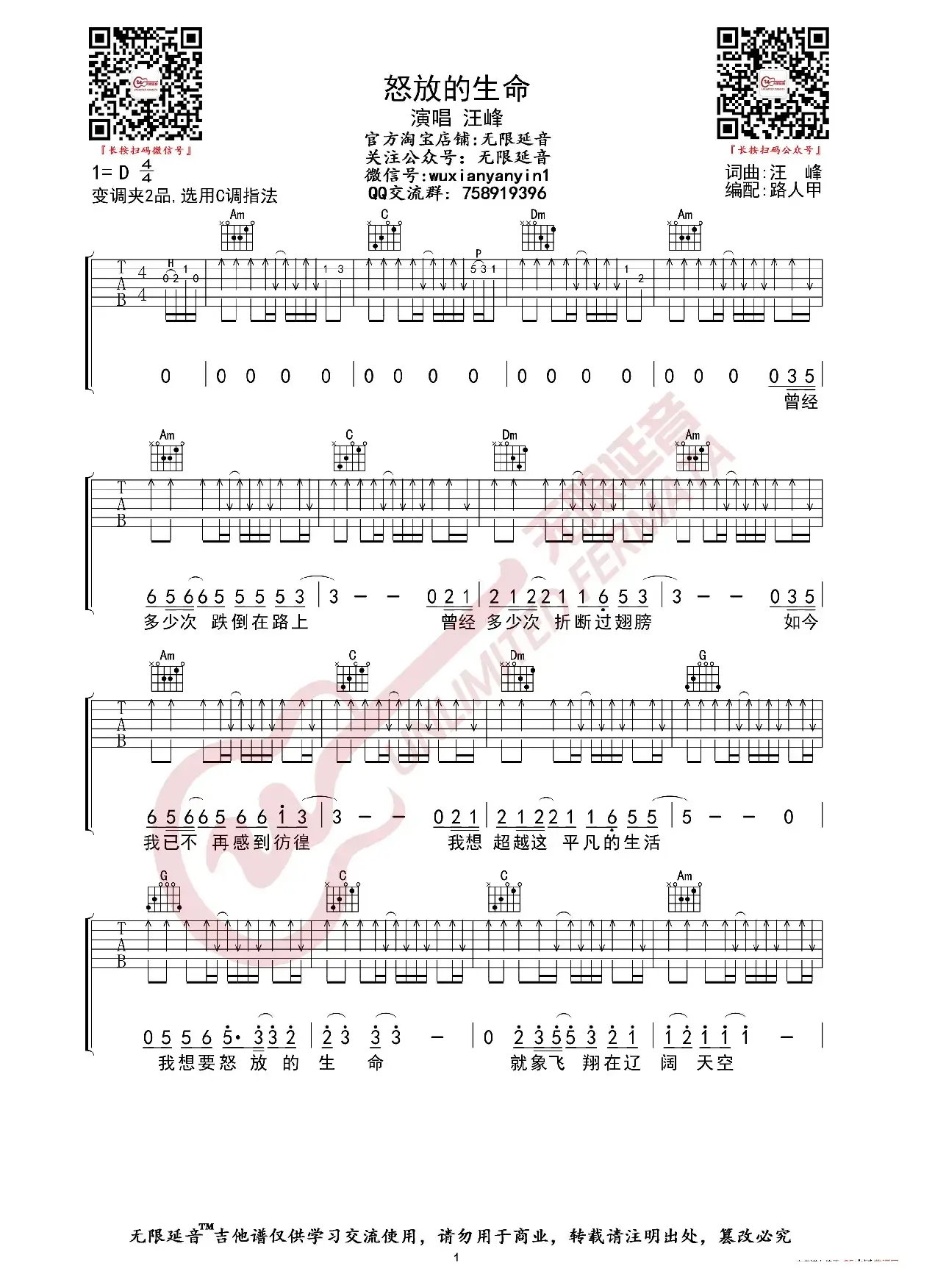 汪峰 怒放的生命 吉他谱（无限延音编配）