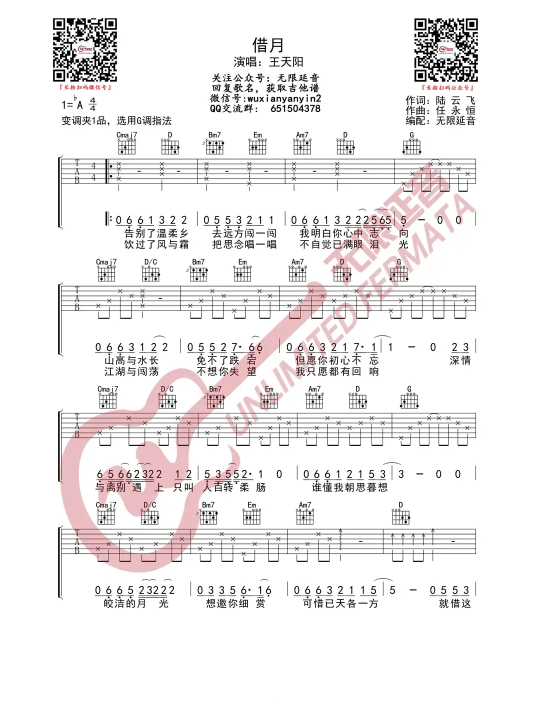 王天阳 借月 吉他谱（无限延音编配）