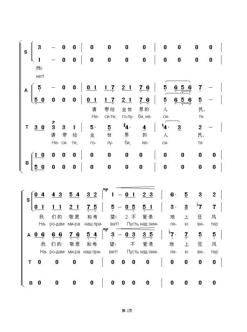 飞翔吧，和平鸽Летите голуби（中俄简谱）