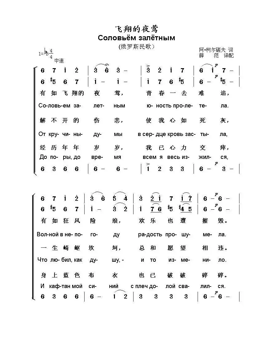 飞翔的夜莺Соловьём залётным（中俄简谱）