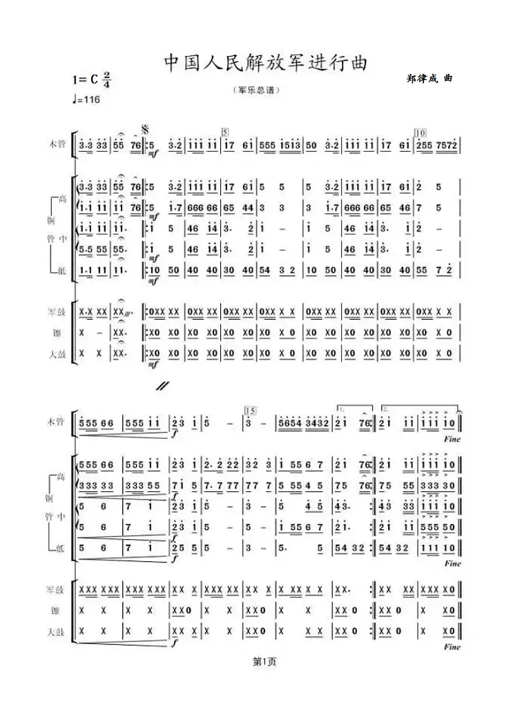 中国人民解放军进行曲 （合奏简谱）