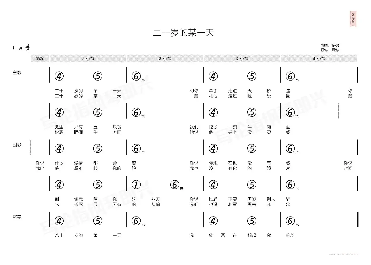 二十岁的某一天（简和谱）