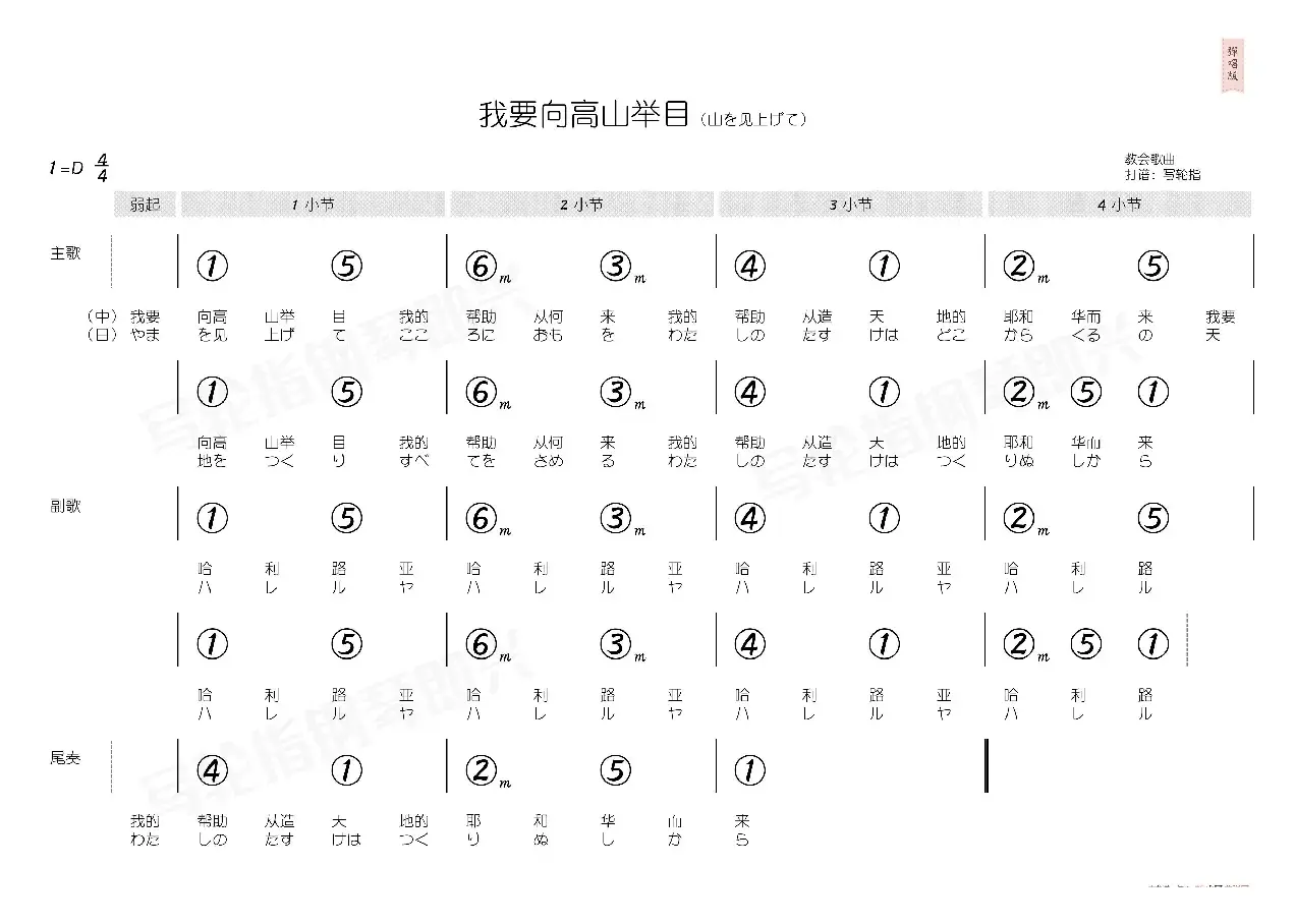 我要向高山举目（简和谱）